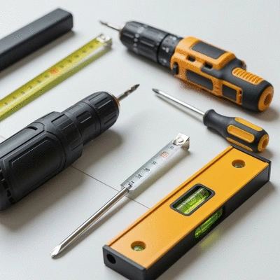 Close-up of essential tools for toilet paper holder installation, including a drill, screwdriver, measuring tape, and level, neatly arranged on a clean surface.