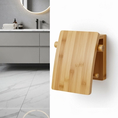 Close-up of a stylish bamboo toilet paper holder in a modern, eco-friendly bathroom setting
