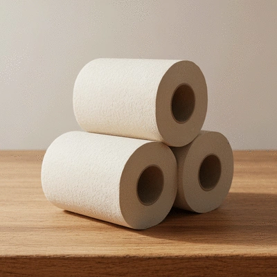 Stack of eco-friendly toilet paper rolls on a natural wood surface