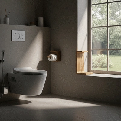 Hands placing a roll of eco-friendly toilet paper onto a wall-mounted holder made from bamboo