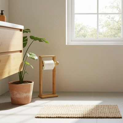 A modern bathroom with a bamboo toilet paper holder, surrounded by other eco-friendly home decor items like a plant in a recycled pot and a natural fiber bath mat, emphasizing a sustainable lifestyle