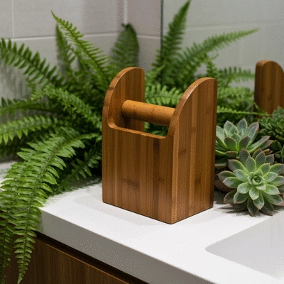 Close-up of a stylish bamboo toilet paper holder in a modern bathroom, surrounded by natural elements like green plants and soft lighting, emphasizing sustainability