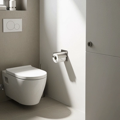 Modern bathroom with a toilet paper holder correctly placed for easy reach