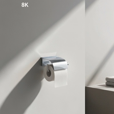 Modern bathroom with a sleek, chrome toilet paper holder installed correctly on a wall, with a toilet paper roll in place.