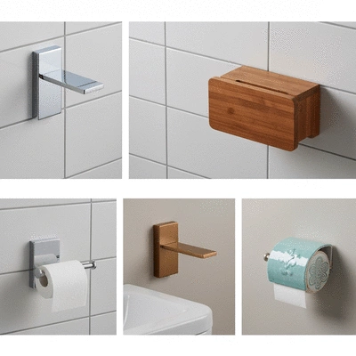 Various toilet paper holders made from different materials like stainless steel, wood, and ceramic, displayed against a clean bathroom background.
