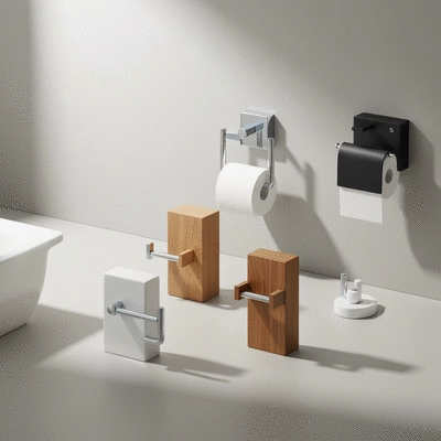 Various toilet paper holder materials and finishes displayed