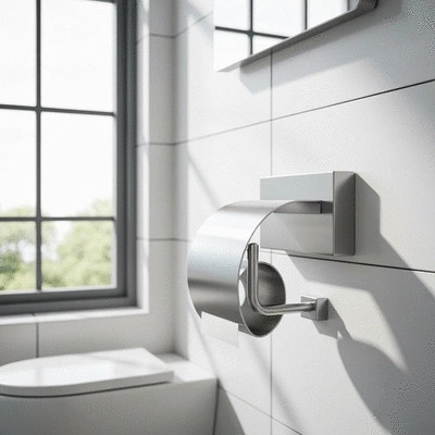 Modern stainless steel toilet paper holder in a clean bathroom