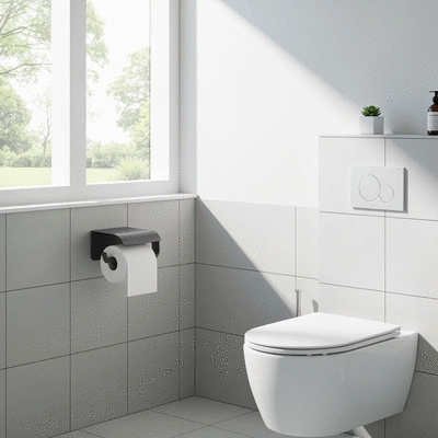 Modern toilet paper holder in a clean, minimalist bathroom