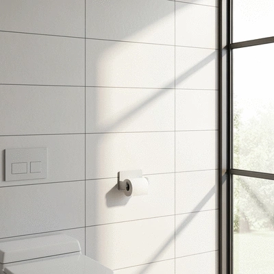 Modern bathroom with a stylish, sustainable toilet paper holder installed without drilling