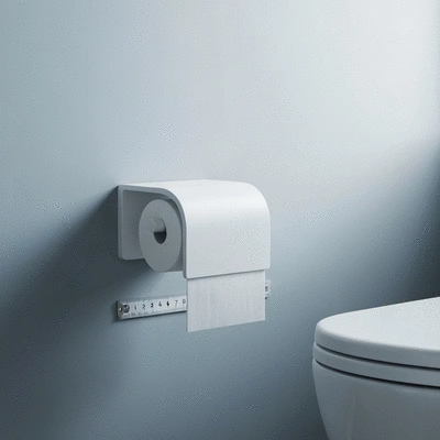 Close-up of a toilet paper holder with a ruler showing 8-12 inches from the toilet